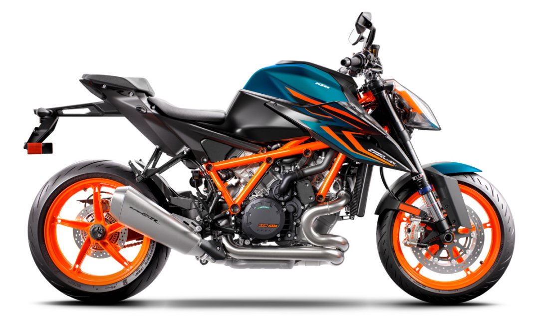 KTM 1290 Super Duke R Evo de couleur orange et bleue