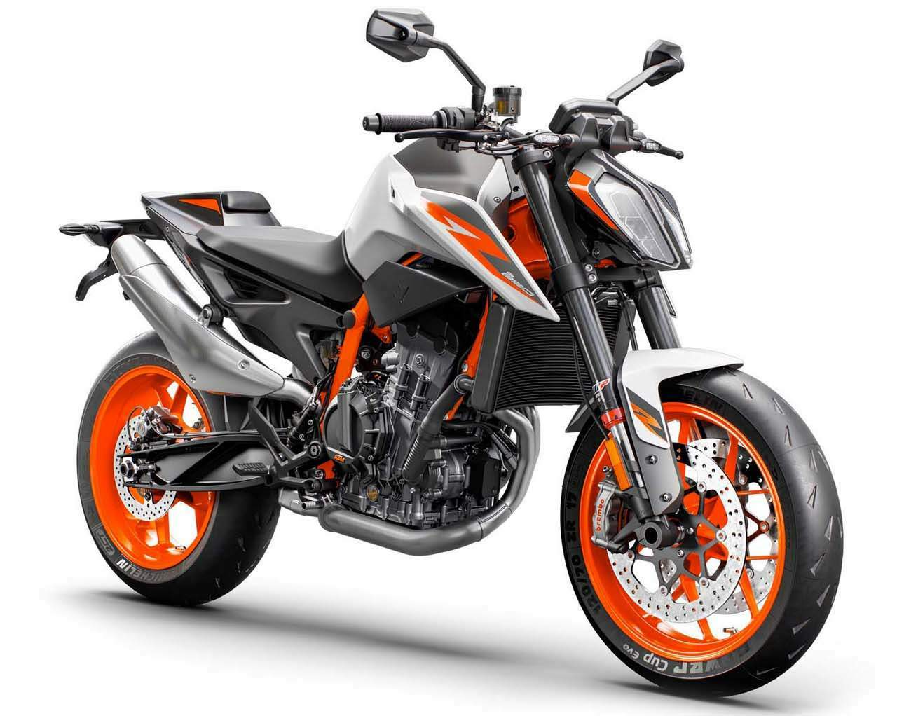 Moto KTM 890 Duke R de couleur blanche et orange