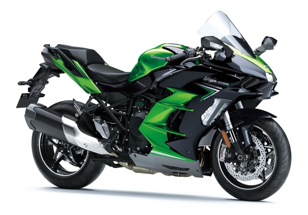 Moto routière Kawasaki Ninja H2 SX SE de couleur noire et verte